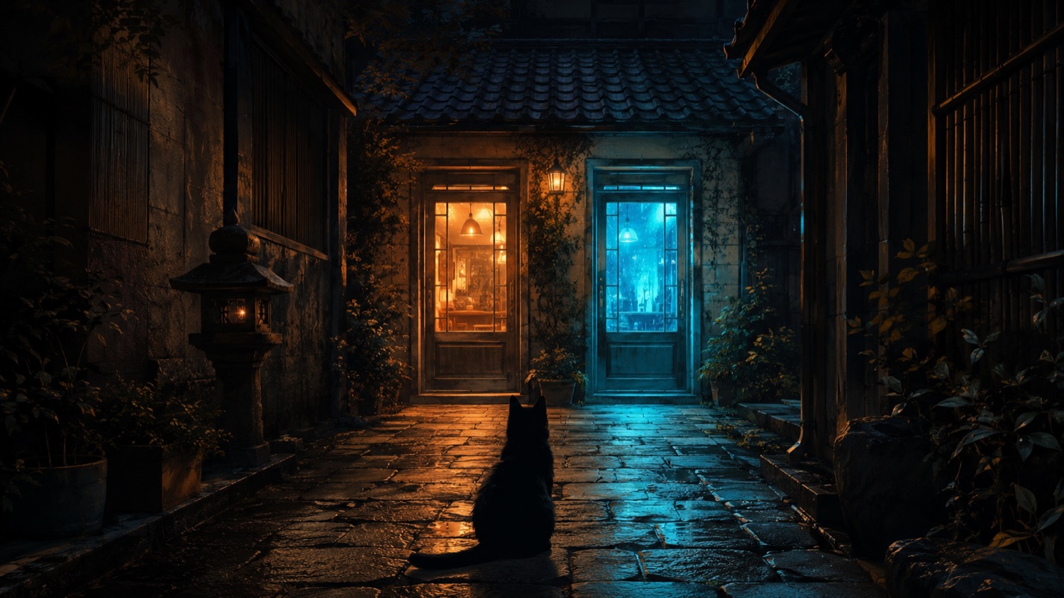 夜の路地にふたつの扉が並んでいる。左はあたたかい灯り、右の扉は青く灯り、扉の前に黒猫が座っている。